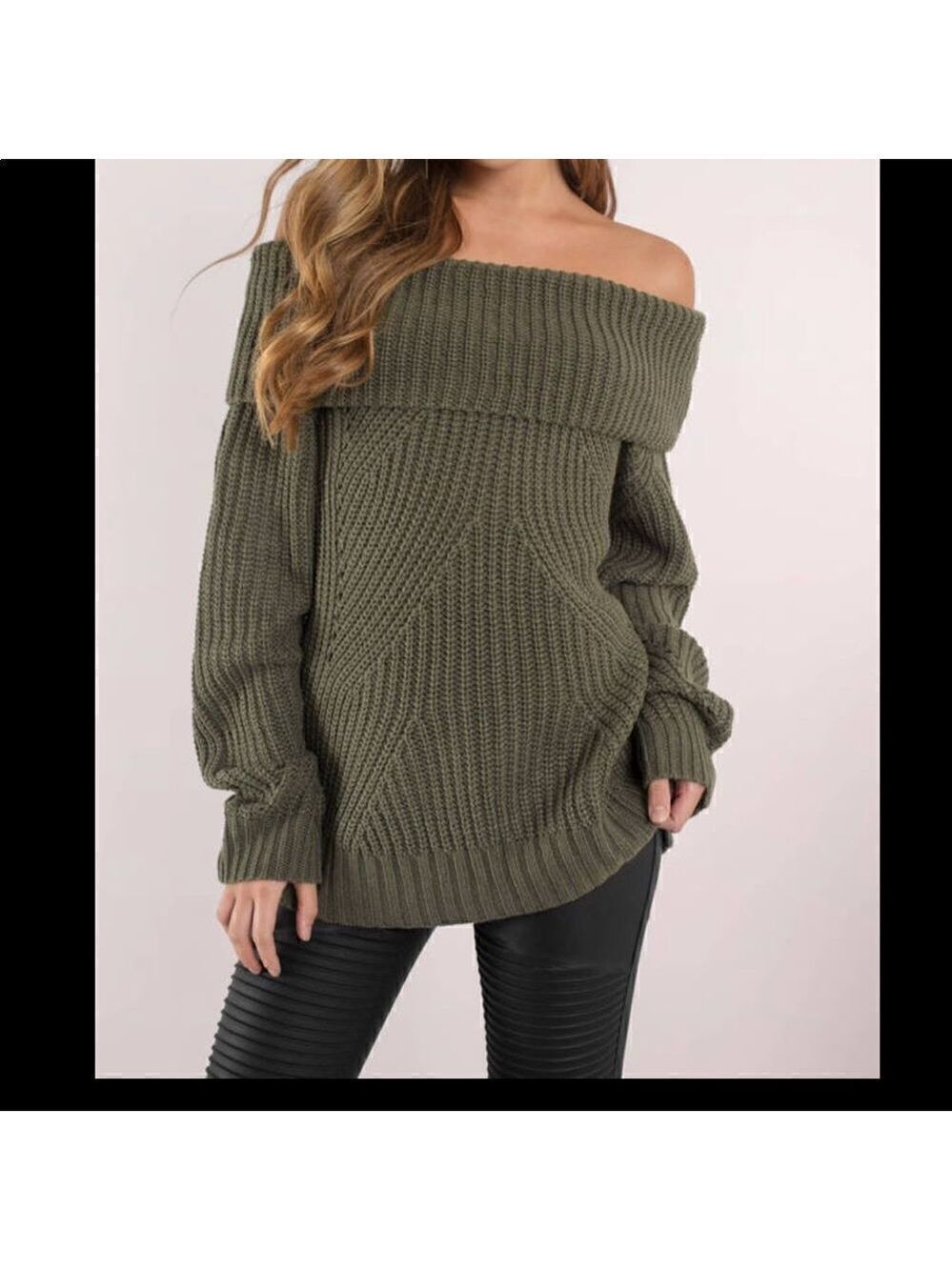 TOBI Olive Knit Sweater Off Shoulder Slouchy